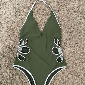 Aerie Olive Green and White One Piece Swimsuit